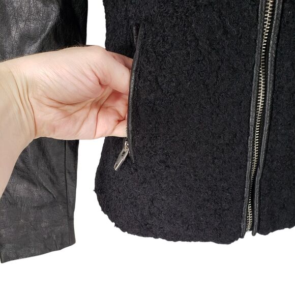 H&M sz 2 Womens Moto Jacket 2Wool Faux Leather Black Full Zip Up Zip Pockets - Picture 8 of 12